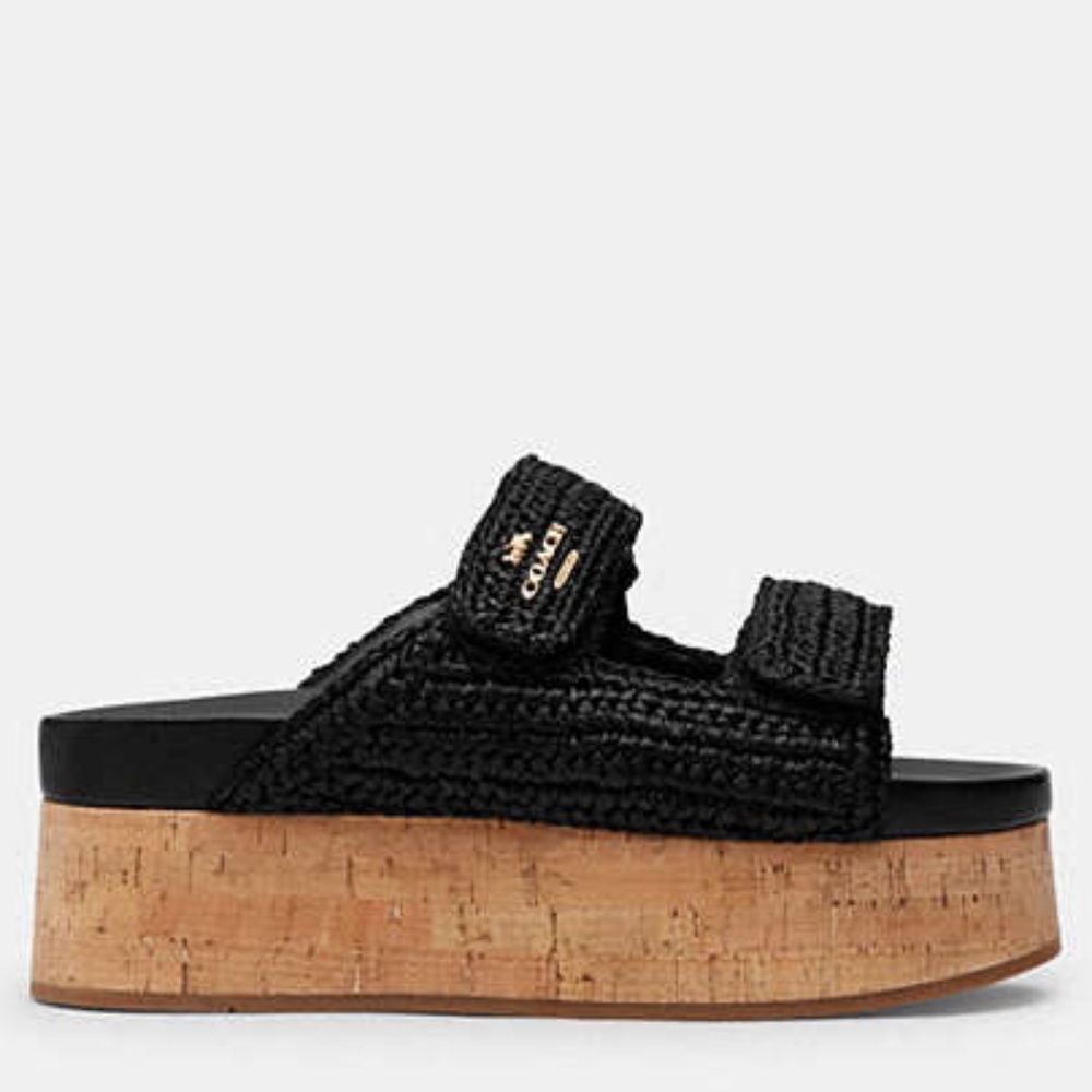 New Coach Black Two Band Platform Slide